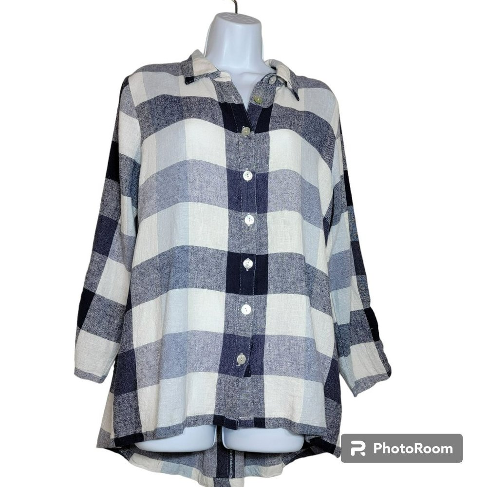 Soft Surroundings Top, Women S, Blue & White Plaid Linen Blend Button Down EUC